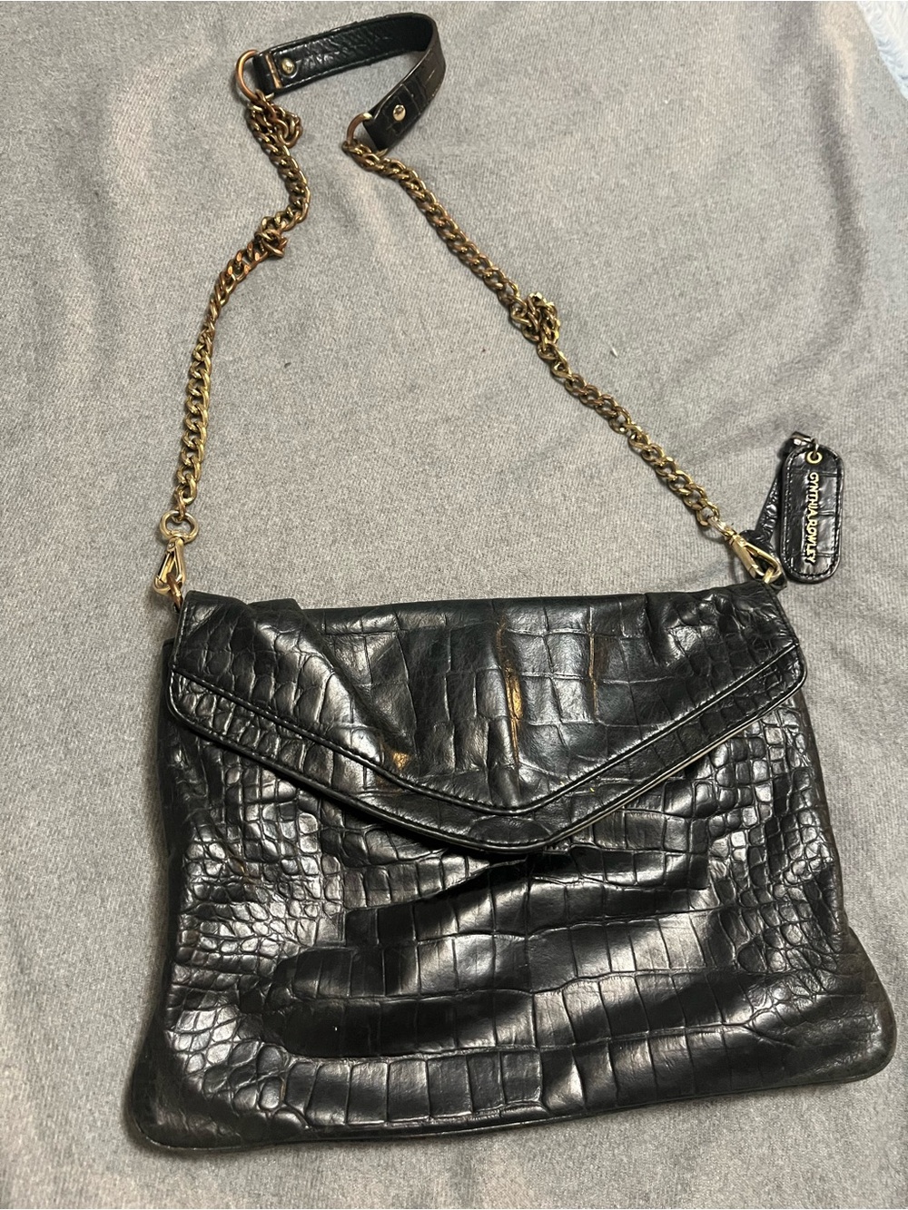 Cynthia Rowley Black Croc-Embossed Leather Chain Shoulder Bag with Gold Hardware
